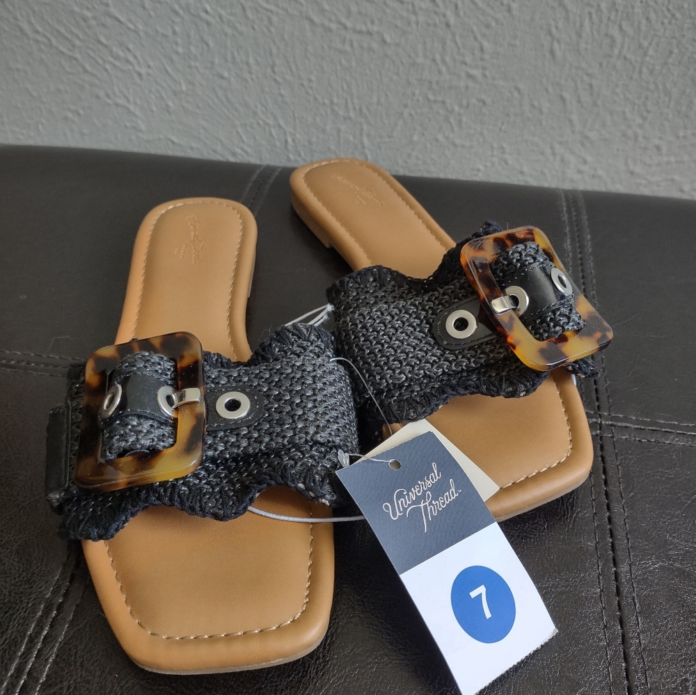 Universal Thread Chrissy Slides - Black Woven Strap & Tortoise Buckle - 7 - Picture 4 of 9